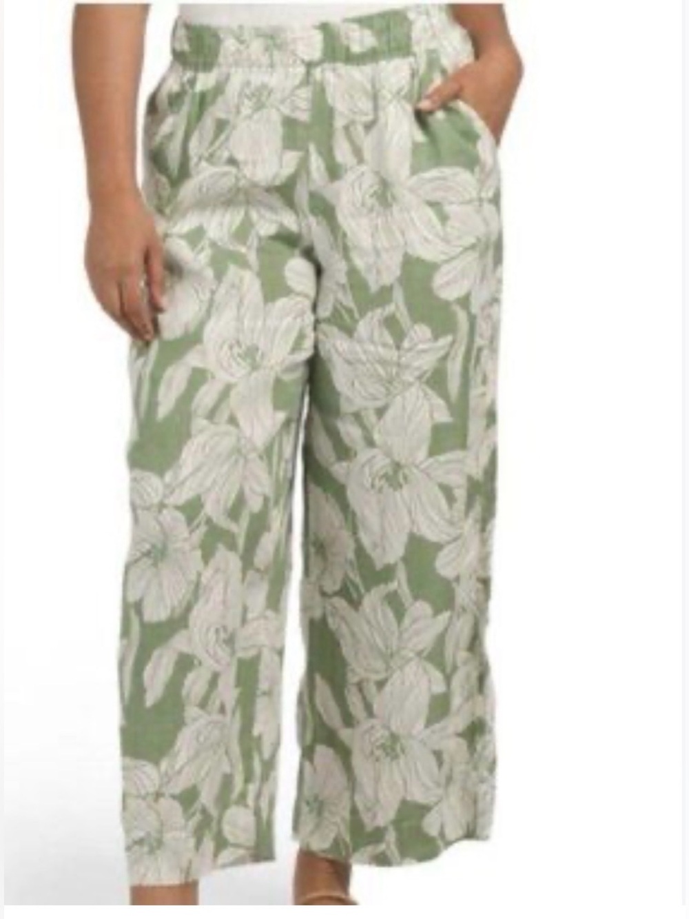 Tahari 100%Linen Sage Green Wide-Leg Floral Pants
